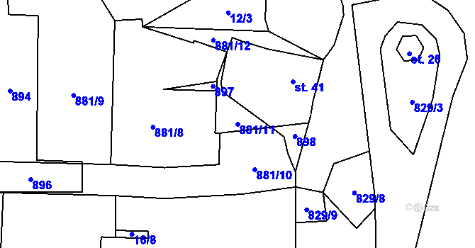 Parcela st. 881/11 v KÚ Kbelany, Katastrální mapa