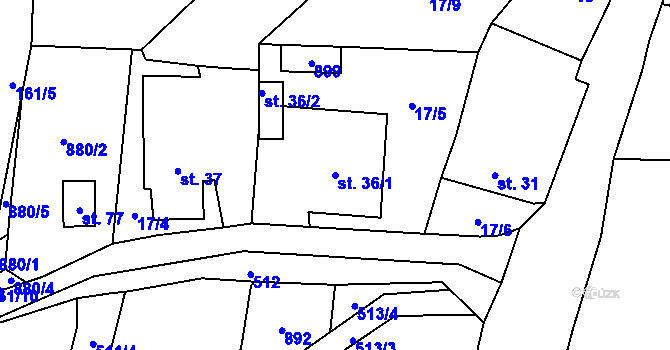 Parcela st. 36/1 v KÚ Kbelany, Katastrální mapa
