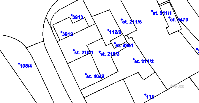 Parcela st. 210/3 v KÚ Rokycany, Katastrální mapa