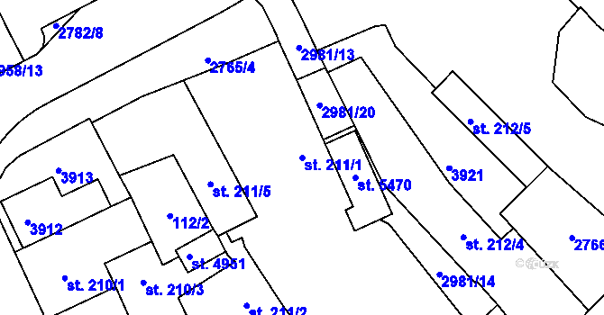 Parcela st. 211/1 v KÚ Rokycany, Katastrální mapa