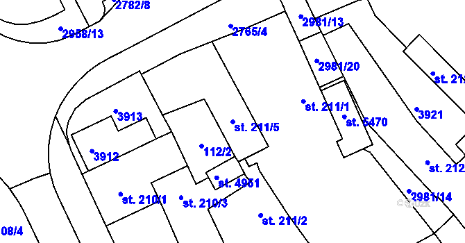 Parcela st. 211/5 v KÚ Rokycany, Katastrální mapa