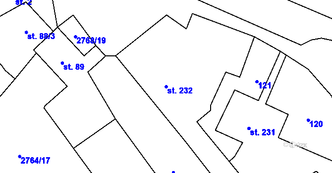 Parcela st. 232 v KÚ Rokycany, Katastrální mapa