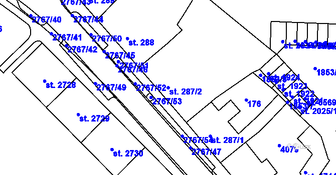 Parcela st. 287/2 v KÚ Rokycany, Katastrální mapa