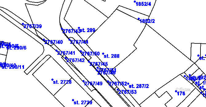 Parcela st. 288 v KÚ Rokycany, Katastrální mapa