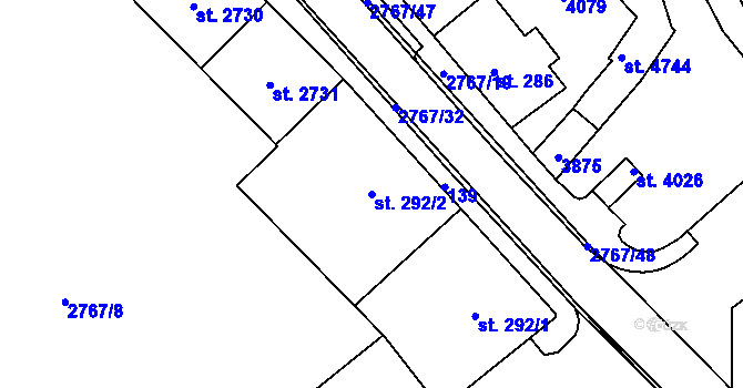 Parcela st. 292/2 v KÚ Rokycany, Katastrální mapa