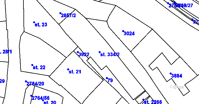 Parcela st. 334/2 v KÚ Rokycany, Katastrální mapa