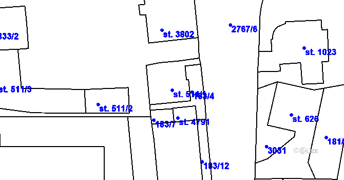 Parcela st. 511/1 v KÚ Rokycany, Katastrální mapa