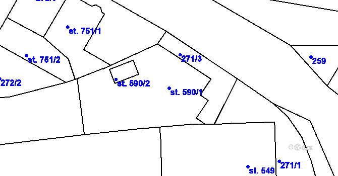 Parcela st. 590/1 v KÚ Rokycany, Katastrální mapa