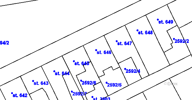 Parcela st. 646 v KÚ Rokycany, Katastrální mapa