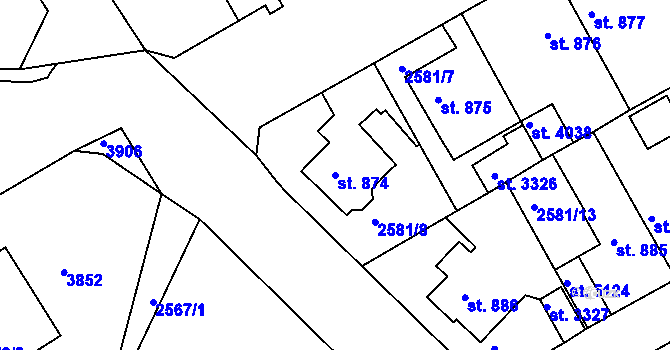 Parcela st. 874 v KÚ Rokycany, Katastrální mapa