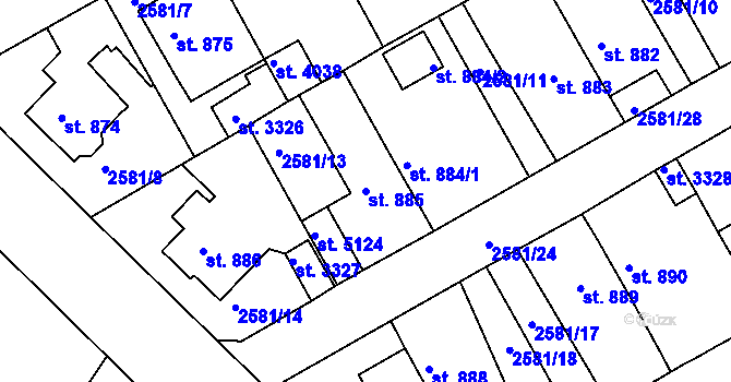 Parcela st. 885 v KÚ Rokycany, Katastrální mapa