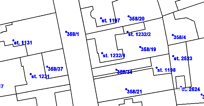 Parcela st. 1232/1 v KÚ Rokycany, Katastrální mapa