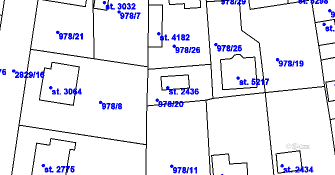 Parcela st. 2436 v KÚ Rokycany, Katastrální mapa