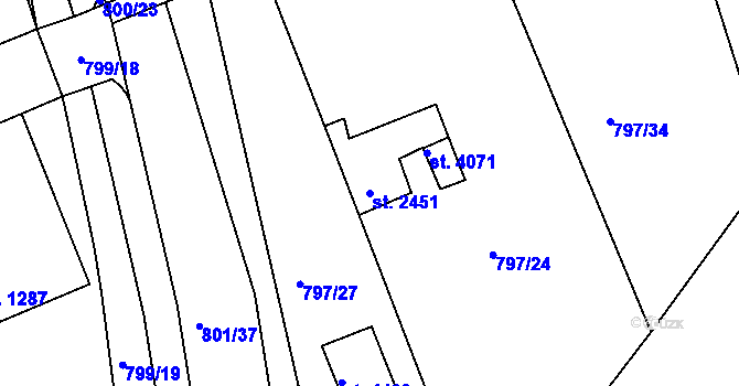 Parcela st. 2451 v KÚ Rokycany, Katastrální mapa