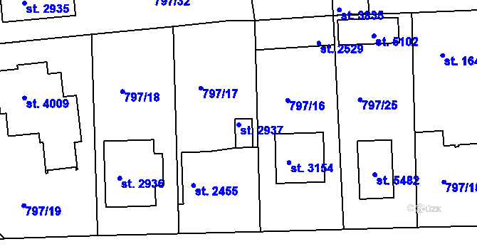 Parcela st. 2937 v KÚ Rokycany, Katastrální mapa