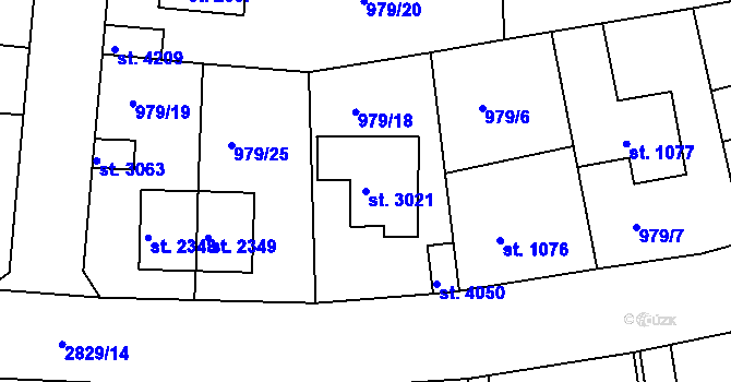 Parcela st. 3021 v KÚ Rokycany, Katastrální mapa