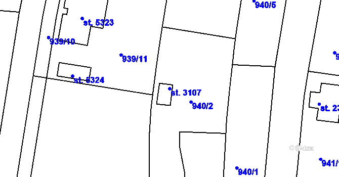 Parcela st. 3107 v KÚ Rokycany, Katastrální mapa