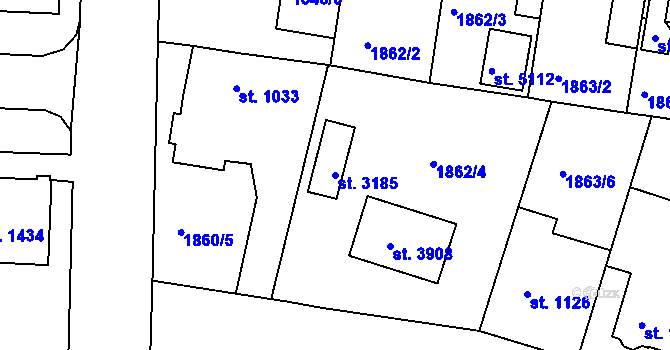 Parcela st. 3185 v KÚ Rokycany, Katastrální mapa