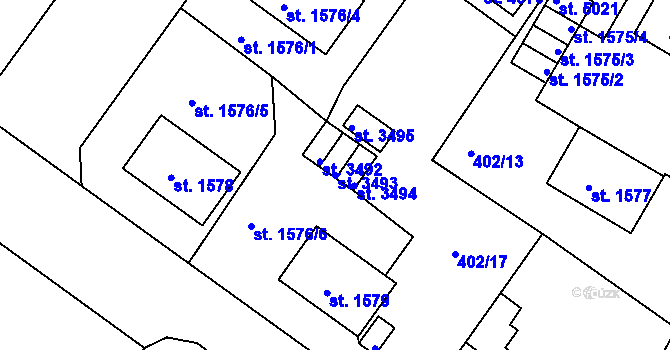 Parcela st. 3493 v KÚ Rokycany, Katastrální mapa