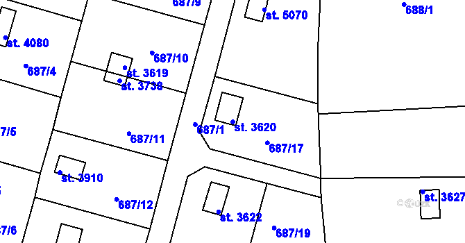 Parcela st. 3620 v KÚ Rokycany, Katastrální mapa