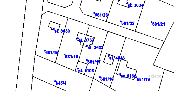 Parcela st. 3632 v KÚ Rokycany, Katastrální mapa