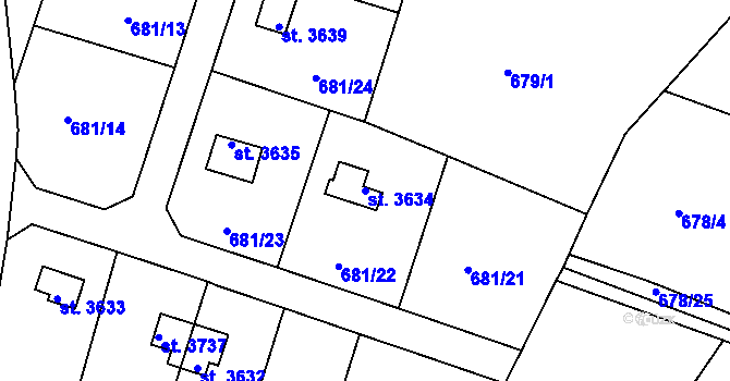 Parcela st. 3634 v KÚ Rokycany, Katastrální mapa