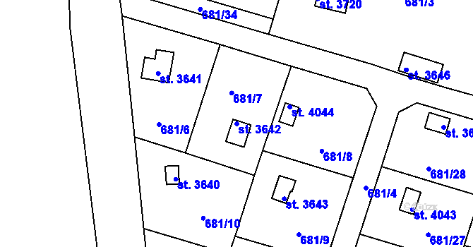 Parcela st. 3642 v KÚ Rokycany, Katastrální mapa