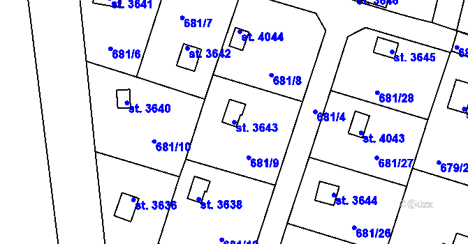 Parcela st. 3643 v KÚ Rokycany, Katastrální mapa