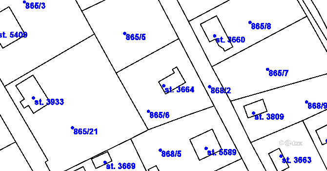 Parcela st. 3664 v KÚ Rokycany, Katastrální mapa