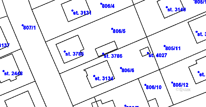 Parcela st. 3786 v KÚ Rokycany, Katastrální mapa