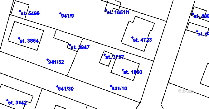 Parcela st. 3797 v KÚ Rokycany, Katastrální mapa