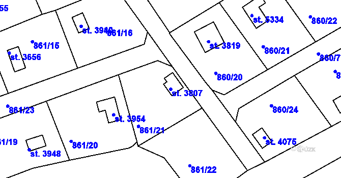 Parcela st. 3807 v KÚ Rokycany, Katastrální mapa