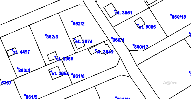Parcela st. 3849 v KÚ Rokycany, Katastrální mapa