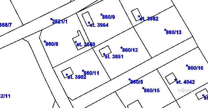 Parcela st. 3851 v KÚ Rokycany, Katastrální mapa