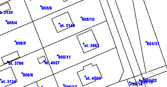 Parcela st. 3882 v KÚ Rokycany, Katastrální mapa