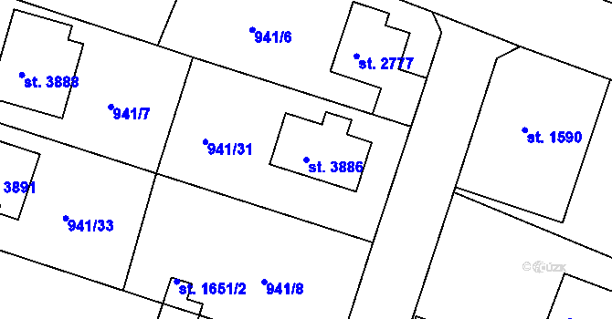 Parcela st. 3886 v KÚ Rokycany, Katastrální mapa