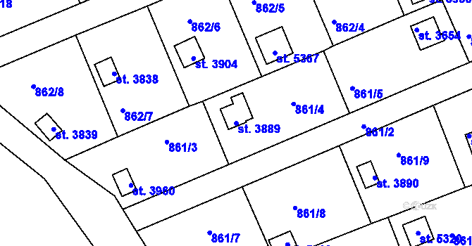 Parcela st. 3889 v KÚ Rokycany, Katastrální mapa