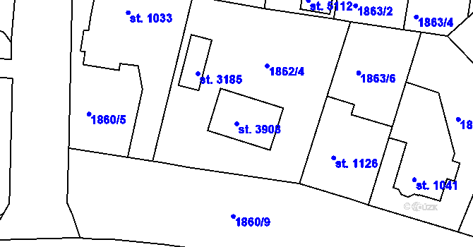Parcela st. 3908 v KÚ Rokycany, Katastrální mapa