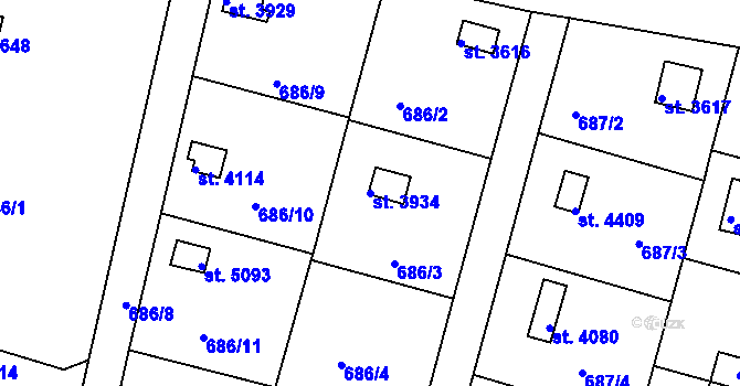 Parcela st. 3934 v KÚ Rokycany, Katastrální mapa