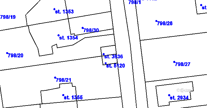 Parcela st. 3936 v KÚ Rokycany, Katastrální mapa