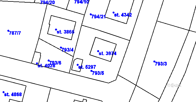 Parcela st. 3974 v KÚ Rokycany, Katastrální mapa