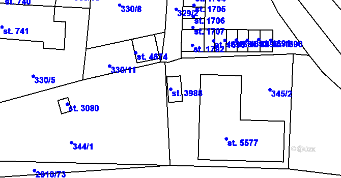 Parcela st. 3988 v KÚ Rokycany, Katastrální mapa