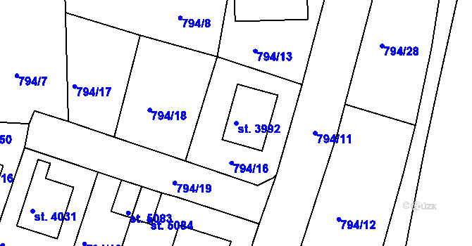 Parcela st. 3992 v KÚ Rokycany, Katastrální mapa