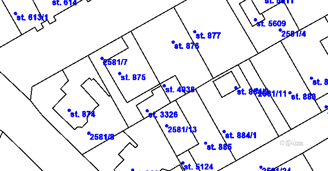 Parcela st. 4038 v KÚ Rokycany, Katastrální mapa