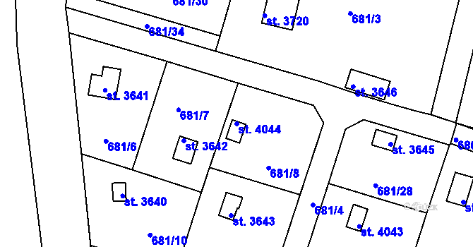Parcela st. 4044 v KÚ Rokycany, Katastrální mapa