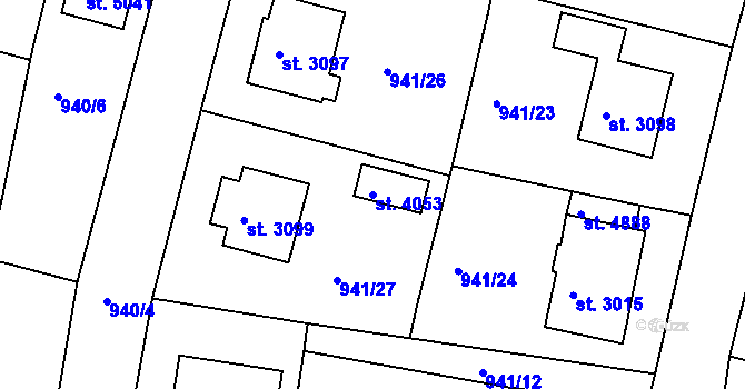 Parcela st. 4053 v KÚ Rokycany, Katastrální mapa
