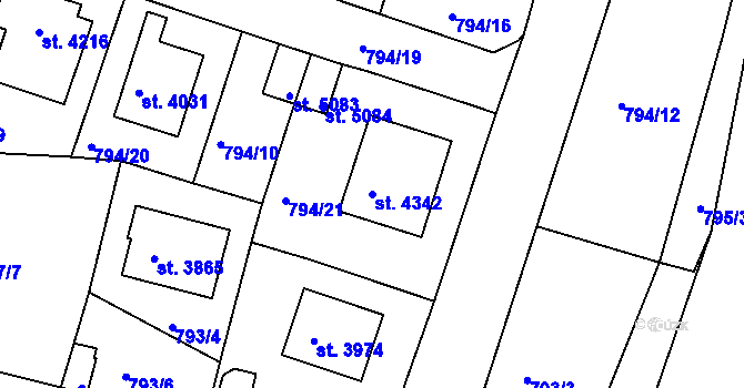 Parcela st. 4342 v KÚ Rokycany, Katastrální mapa