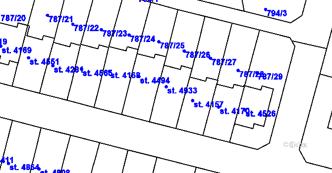 Parcela st. 4933 v KÚ Rokycany, Katastrální mapa