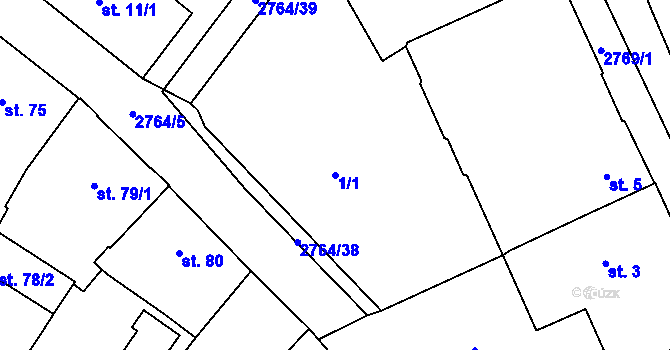 Parcela st. 1/1 v KÚ Rokycany, Katastrální mapa