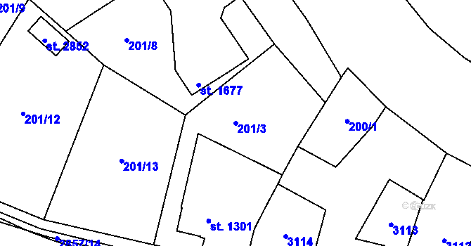 Parcela st. 201/3 v KÚ Rokycany, Katastrální mapa